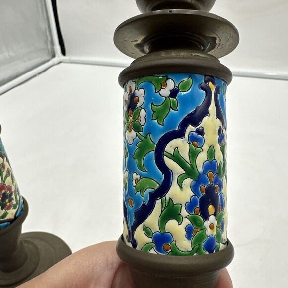 Set 2 Antique French Brass & Bronze Candlestick w/Longwy Pottery Column. 9” Tall - Picture 5 of 10